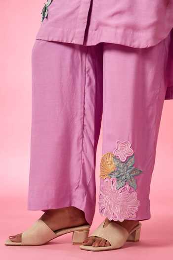 Buy Neitri Purple Chanderi Collared Neck, Yes Coral Shore Embroidered Kurta And Pant Set Buy_Neitri_Purple Chanderi Collared Neck, Yes Coral Shore Embroidered Kurta And Pant Set