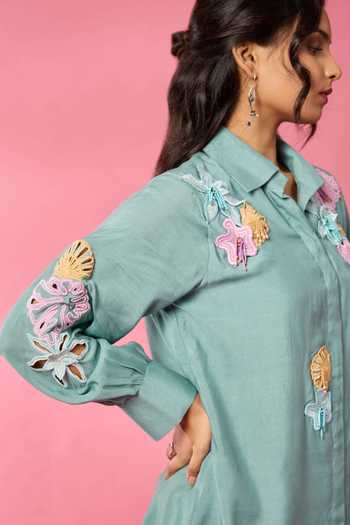 Neitri_Olive Green Chanderi Collared Neck Reef Embroidered Kurta And Pant Set _at_Aza_Fashions