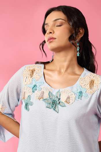Buy Neitri Blue Silk, Chanderi Scoop Neck Jelly Bloom Kurta And Pant Set Online at Aza Fashions Buy_Neitri_Blue Silk, Chanderi Scoop Neck Jelly Bloom Kurta And Pant Set _Online_at_Aza_Fashions