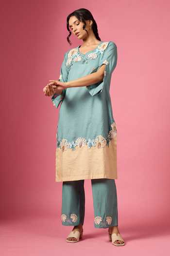 Neitri_Green Silk, Chanderi Scoop Neck, Yes Spring Shore Embroidered Kurta And Pant Set _Online_at_Aza_Fashions