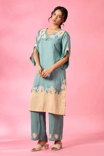 Buy_Neitri_Green Silk, Chanderi Scoop Neck, Yes Spring Shore Embroidered Kurta And Pant Set _Online_at_Aza_Fashions