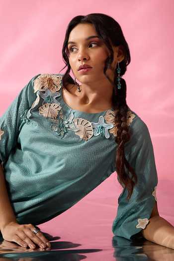 Neitri_Green Silk, Chanderi Scoop Neck, Yes Spring Shore Embroidered Kurta And Pant Set _at_Aza_Fashions