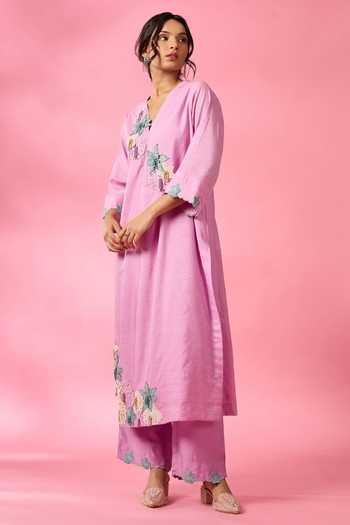 Neitri Purple Silk, Chanderi Split V-neck, Yes Eel Embroidered Kurta And Pant Set Online at Aza Fashions Neitri_Purple Silk, Chanderi Split V-neck, Yes Eel Embroidered Kurta And Pant Set _Online_at_Aza_Fashions