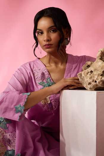 Buy Neitri Purple Silk, Chanderi Split V-neck, Yes Eel Embroidered Kurta And Pant Set Online at Aza Fashions Buy_Neitri_Purple Silk, Chanderi Split V-neck, Yes Eel Embroidered Kurta And Pant Set _Online_at_Aza_Fashions