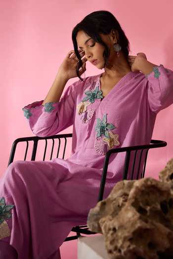 Shop Neitri Purple Silk, Chanderi Split V-neck, Yes Eel Embroidered Kurta And Pant Set Online at Aza Fashions Shop_Neitri_Purple Silk, Chanderi Split V-neck, Yes Eel Embroidered Kurta And Pant Set _Online_at_Aza_Fashions