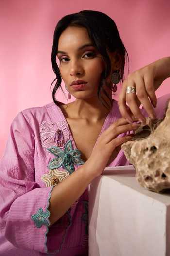 Neitri Purple Silk, Chanderi Split V-neck, Yes Eel Embroidered Kurta And Pant Set at Aza Fashions Neitri_Purple Silk, Chanderi Split V-neck, Yes Eel Embroidered Kurta And Pant Set _at_Aza_Fashions
