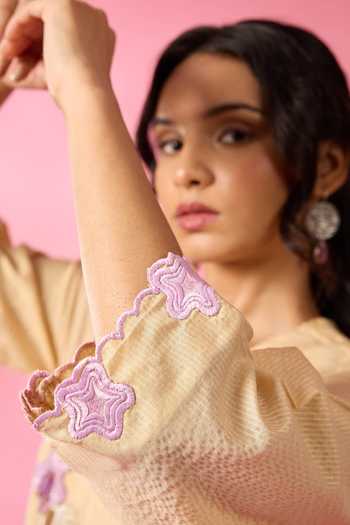 Neitri_Beige Silk, Chanderi V-neck Sandstone Embroidered Kurta And Pant Set _Online_at_Aza_Fashions