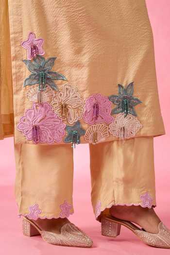 Shop_Neitri_Beige Silk, Chanderi V-neck Sandstone Embroidered Kurta And Pant Set _Online_at_Aza_Fashions