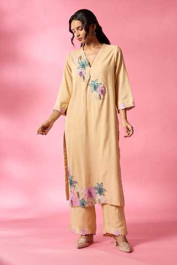Neitri_Beige Silk, Chanderi V-neck Sandstone Embroidered Kurta And Pant Set _at_Aza_Fashions