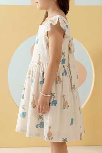 MR Brat_White Cotton Giraffe Print Gathered Dress _Online_at_Aza_Fashions