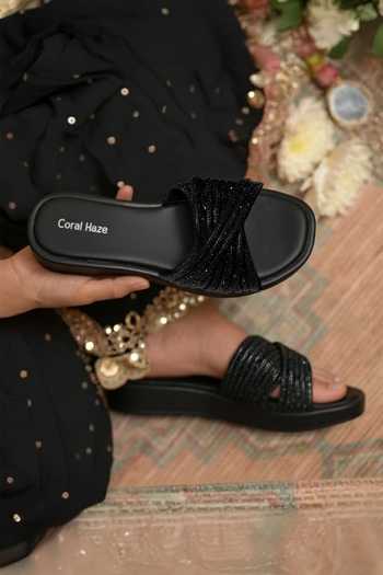 Coral Haze_Black Stardust Rhinestone Criss-cross Strap Sliders _Online_at_Aza_Fashions