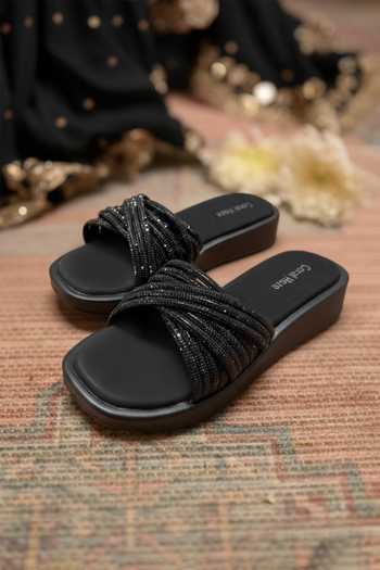 Coral Haze Stardust Rhinestone Criss-Cross Strap Sliders 