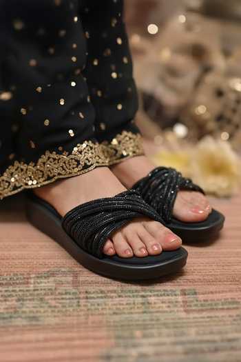 Coral Haze Stardust Rhinestone Criss-Cross Strap Sliders 