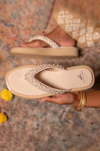Coral Haze_Ivory Nori Rhinestone And Pearl Strap Sliders _Online_at_Aza_Fashions