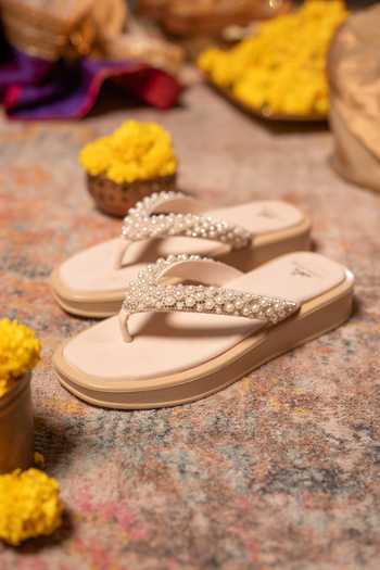 Buy_Coral Haze_Ivory Nori Rhinestone And Pearl Strap Sliders _Online_at_Aza_Fashions