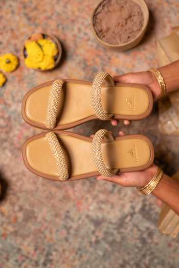 Coral Haze Brown Crysta Double Rhinestone Strap Sliders Online at Aza Fashions Coral Haze_Brown Crysta Double Rhinestone Strap Sliders _Online_at_Aza_Fashions