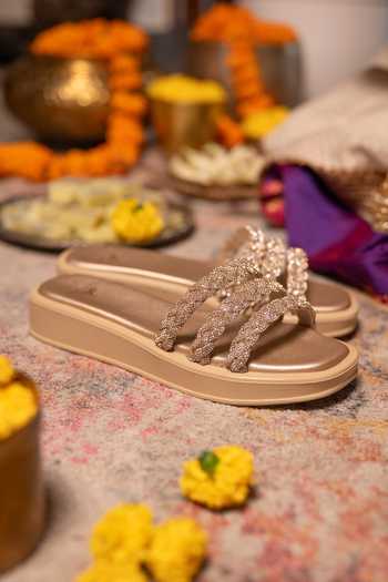 Coral Haze_Gold Gemora Triple Rhinestone Braided Strap Sliders _Online_at_Aza_Fashions