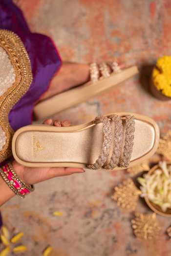 Buy_Coral Haze_Gold Gemora Triple Rhinestone Braided Strap Sliders _Online_at_Aza_Fashions