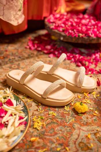 Buy_Coral Haze_Ivory Crysta Double Rhinestone Strap Sliders _Online_at_Aza_Fashions