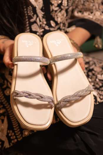 Buy_Coral Haze_Silver Elida Rhinestone Braided Strap Sliders _Online_at_Aza_Fashions