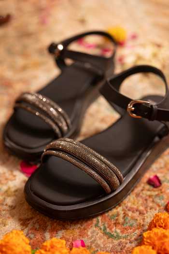 Coral Haze_Black Faye Rhinestone Strap Flat Sliders _Online_at_Aza_Fashions