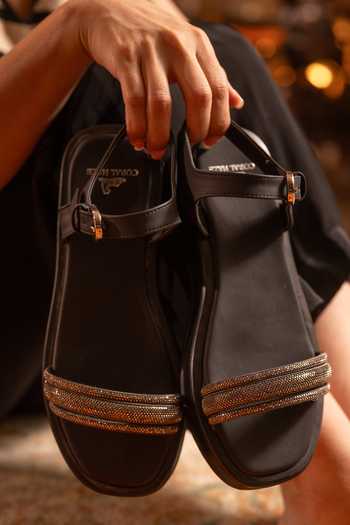 Buy_Coral Haze_Black Faye Rhinestone Strap Flat Sliders _Online_at_Aza_Fashions