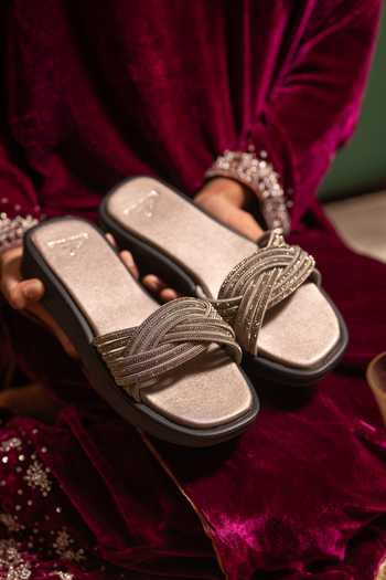 Coral Haze_Black Rune Rhinestone Criss-cross Strap Sliders _Online_at_Aza_Fashions