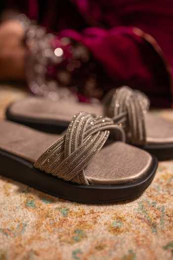 Buy_Coral Haze_Black Rune Rhinestone Criss-cross Strap Sliders _Online_at_Aza_Fashions