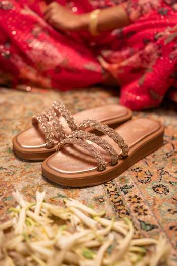 Coral Haze_Rose Gold Gemora Triple Rhinestone Braided Strap Sliders _Online_at_Aza_Fashions