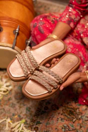 Buy_Coral Haze_Rose Gold Gemora Triple Rhinestone Braided Strap Sliders _Online_at_Aza_Fashions