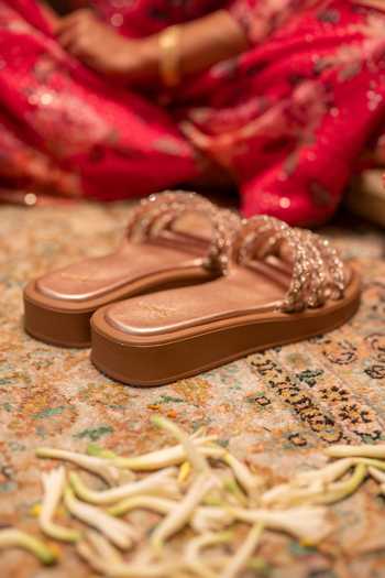 Coral Haze Gemora Triple Rhinestone Braided Strap Sliders 