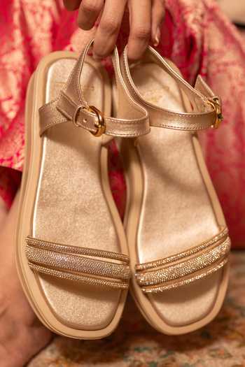 Buy_Coral Haze_Gold Faye Rhinestone Strap Flat Sliders _Online_at_Aza_Fashions