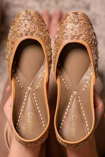 Buy Coral Haze Gold Areej Hand Embroidered Juttis Online at Aza Fashions Buy_Coral Haze_Gold Areej Hand Embroidered Juttis _Online_at_Aza_Fashions