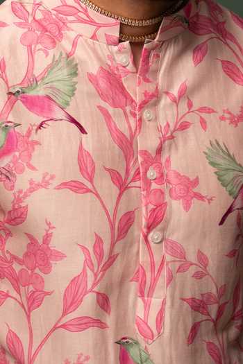 Chrkha Floral Print Chanderi Silk Kurta Set For Kids