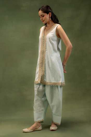 Shop_Grass & Sunshine_Mint Linen V-neck Serenity Kurta Farshi Salwar Set _Online_at_Aza_Fashions