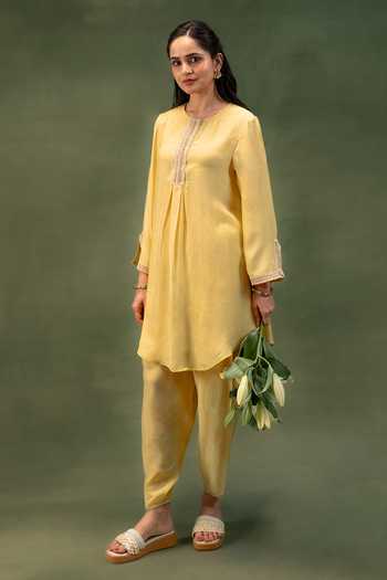 Grass & Sunshine Yellow Modal Round Neck, Yes Golden Dune Lace Detailed Kurta And Salwar Set Online at Aza Fashions Grass & Sunshine_Yellow Modal Round Neck, Yes Golden Dune Lace Detailed Kurta And Salwar Set _Online_at_Aza_Fashions