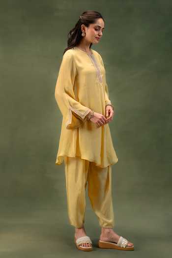 Buy Grass & Sunshine Yellow Modal Round Neck, Yes Golden Dune Lace Detailed Kurta And Salwar Set Online at Aza Fashions Buy_Grass & Sunshine_Yellow Modal Round Neck, Yes Golden Dune Lace Detailed Kurta And Salwar Set _Online_at_Aza_Fashions