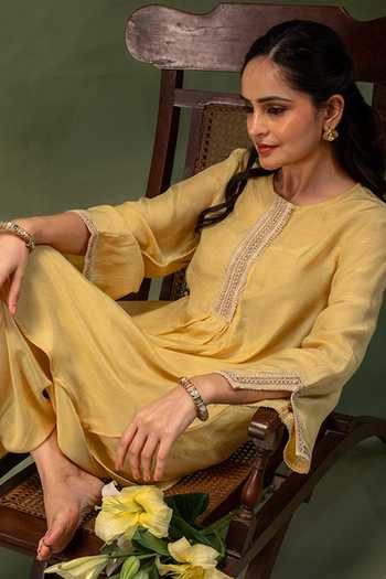 Shop Grass & Sunshine Yellow Modal Round Neck, Yes Golden Dune Lace Detailed Kurta And Salwar Set Online at Aza Fashions Shop_Grass & Sunshine_Yellow Modal Round Neck, Yes Golden Dune Lace Detailed Kurta And Salwar Set _Online_at_Aza_Fashions