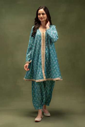 Grass & Sunshine Blue Chanderi Cotton V-neck Indigo Nomad Charm Kurta And Dhoti Pant Set Online at Aza Fashions Grass & Sunshine_Blue Chanderi Cotton V-neck Indigo Nomad Charm Kurta And Dhoti Pant Set _Online_at_Aza_Fashions