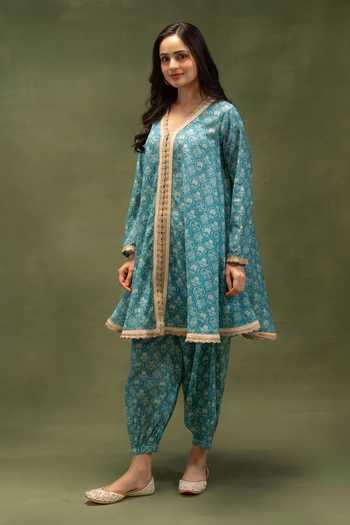 Buy Grass & Sunshine Blue Chanderi Cotton V-neck Indigo Nomad Charm Kurta And Dhoti Pant Set Online at Aza Fashions Buy_Grass & Sunshine_Blue Chanderi Cotton V-neck Indigo Nomad Charm Kurta And Dhoti Pant Set _Online_at_Aza_Fashions