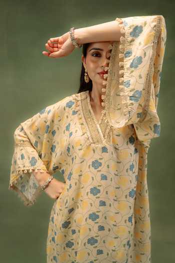 Shop Grass & Sunshine Yellow Modal V-neck, Yes Desert Bloom Printed Kurta And Pant Set Online at Aza Fashions Shop_Grass & Sunshine_Yellow Modal V-neck, Yes Desert Bloom Printed Kurta And Pant Set _Online_at_Aza_Fashions