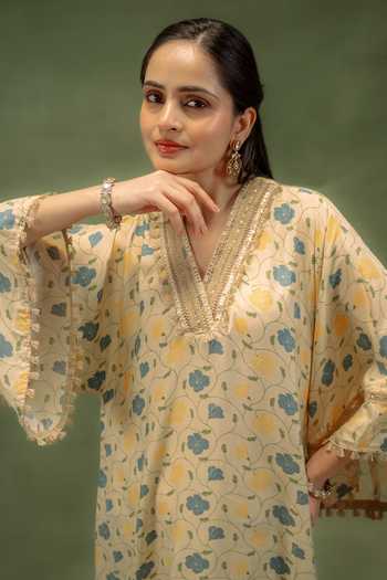 Grass & Sunshine Yellow Modal V-neck, Yes Desert Bloom Printed Kurta And Pant Set at Aza Fashions Grass & Sunshine_Yellow Modal V-neck, Yes Desert Bloom Printed Kurta And Pant Set _at_Aza_Fashions