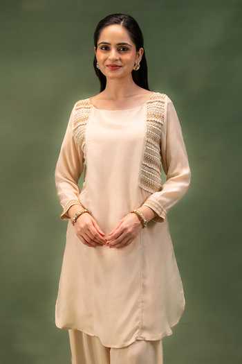 Shop_Grass & Sunshine_Ivory Modal Round Neck Drift Kurta And Farshi Salwar Set _Online_at_Aza_Fashions