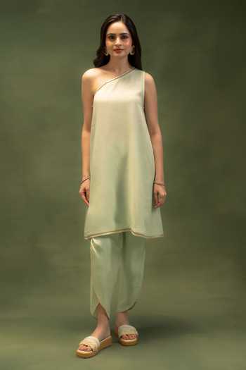 Grass & Sunshine Aqua Modal Lace One Shoulder, Yes Muse Kurta Set With Draped Cape Online at Aza Fashions Grass & Sunshine_Aqua Modal Lace One Shoulder, Yes Muse Kurta Set With Draped Cape _Online_at_Aza_Fashions