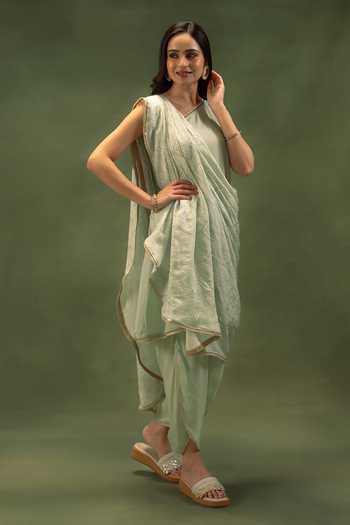 Shop Grass & Sunshine Aqua Modal Lace One Shoulder, Yes Muse Kurta Set With Draped Cape Online at Aza Fashions Shop_Grass & Sunshine_Aqua Modal Lace One Shoulder, Yes Muse Kurta Set With Draped Cape _Online_at_Aza_Fashions