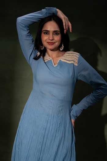 Grass & Sunshine_Blue Cotton V-neck Azure Garden Grace Anarkali Set _Online_at_Aza_Fashions