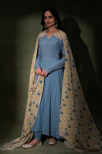 Buy_Grass & Sunshine_Blue Cotton V-neck Azure Garden Grace Anarkali Set _Online_at_Aza_Fashions