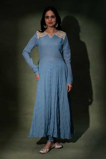 Shop_Grass & Sunshine_Blue Cotton V-neck Azure Garden Grace Anarkali Set _Online_at_Aza_Fashions