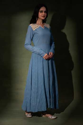 Grass & Sunshine_Blue Cotton V-neck Azure Garden Grace Anarkali Set _at_Aza_Fashions