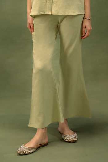 Grass & Sunshine_Green Linen Collared Neck Sage Meadow Shirt And Pant Co-ord Set _Online_at_Aza_Fashions